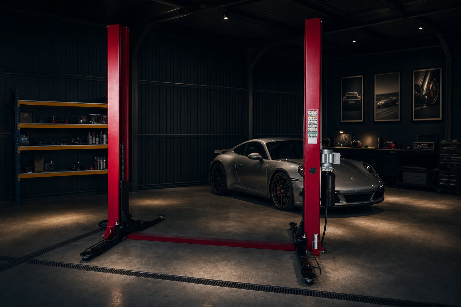 Pacini two post lift in a private Porsche garage